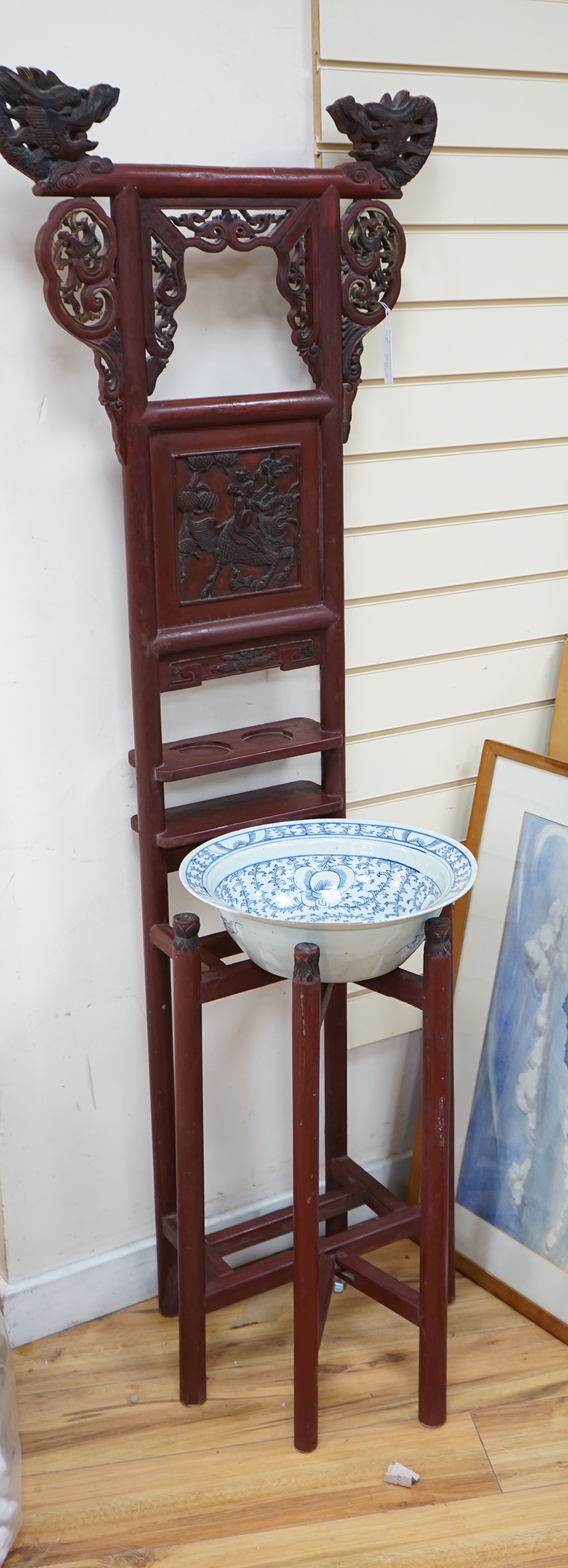 A 19th century Chinese lacquered wood washstand with sweet pea blue and white basin - 168cm high